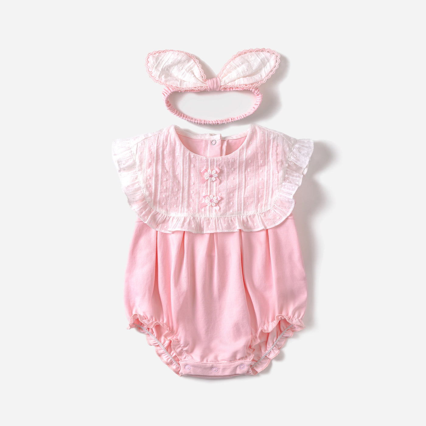 Baby Girl Whtie Square Collar Pink Bodysuit n Headwrap Set - 0611 - Little Kooma