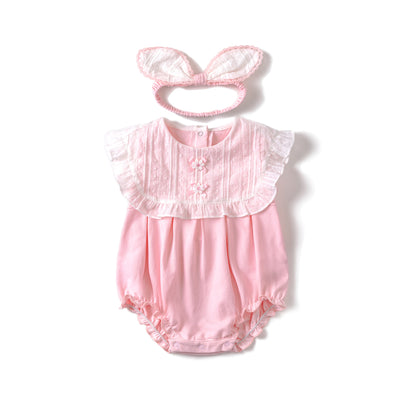 Baby Girl Whtie Square Collar Pink Bodysuit n Headwrap Set - 0611 - Little Kooma
