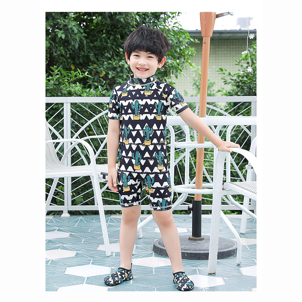 Baby Kids Boy Girl's Printed One Piece Swimming Suit n Free Cap 718156-06 Caricature - Little Kooma