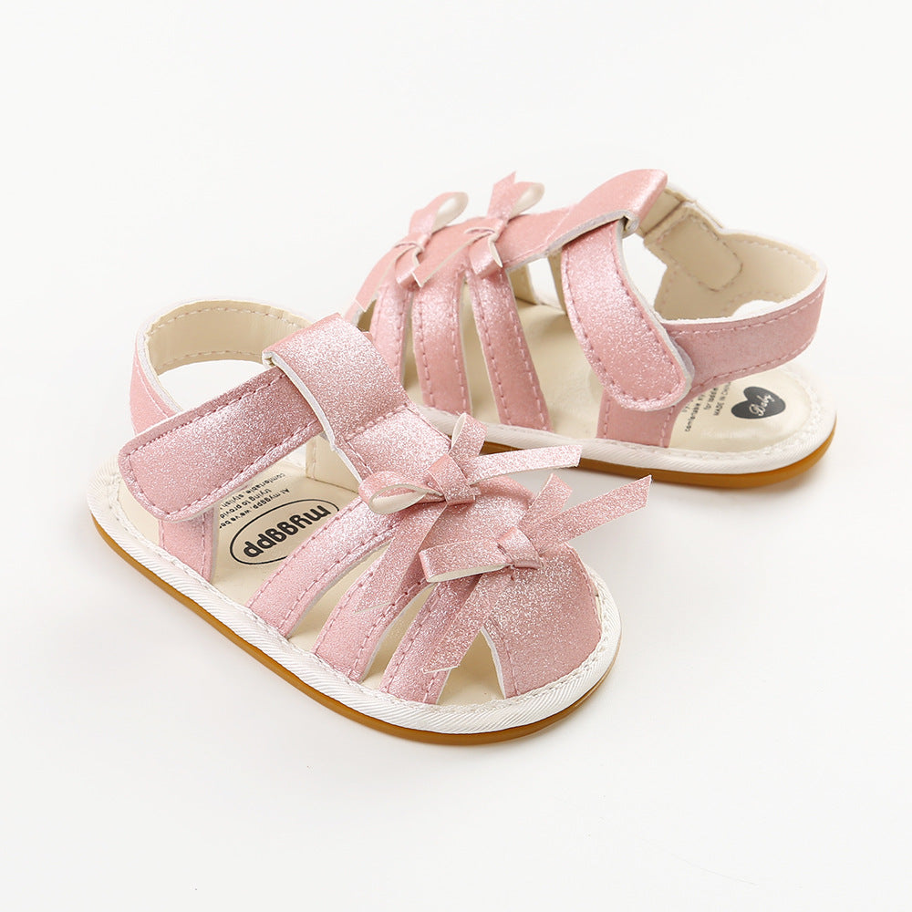Baby Girl Anti-slip PU Leather Sandals Double Bowties Magic Tape - Little Kooma