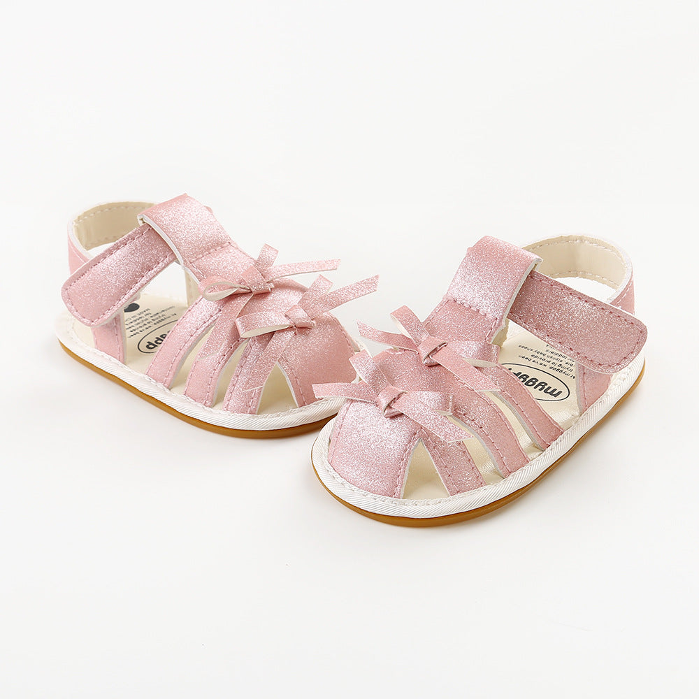 Baby Girl Anti-slip PU Leather Sandals Double Bowties Magic Tape - Little Kooma