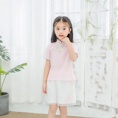 [KG16] Kids Girls Cheongsam 2 Piece Set Top n Voile Shorts CNY Chinese New Year Outfit - Little Kooma