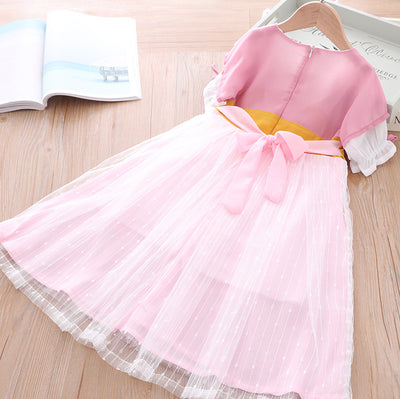 [KG22] Kids Girls Voile Splicing Cheongsam Dress w Embroidered Flowers Frill Sleeve CNY Chinese New Year Outfit - Little Kooma