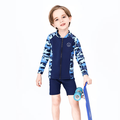 Baby Kids Boy's Camouflage Shark Prints Long Sleeves Two Piece Swimming Suit Top Shorts n Free Cap 908032 - Little Kooma