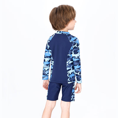 Baby Kids Boy's Camouflage Shark Prints Long Sleeves Two Piece Swimming Suit Top Shorts n Free Cap 908032 - Little Kooma