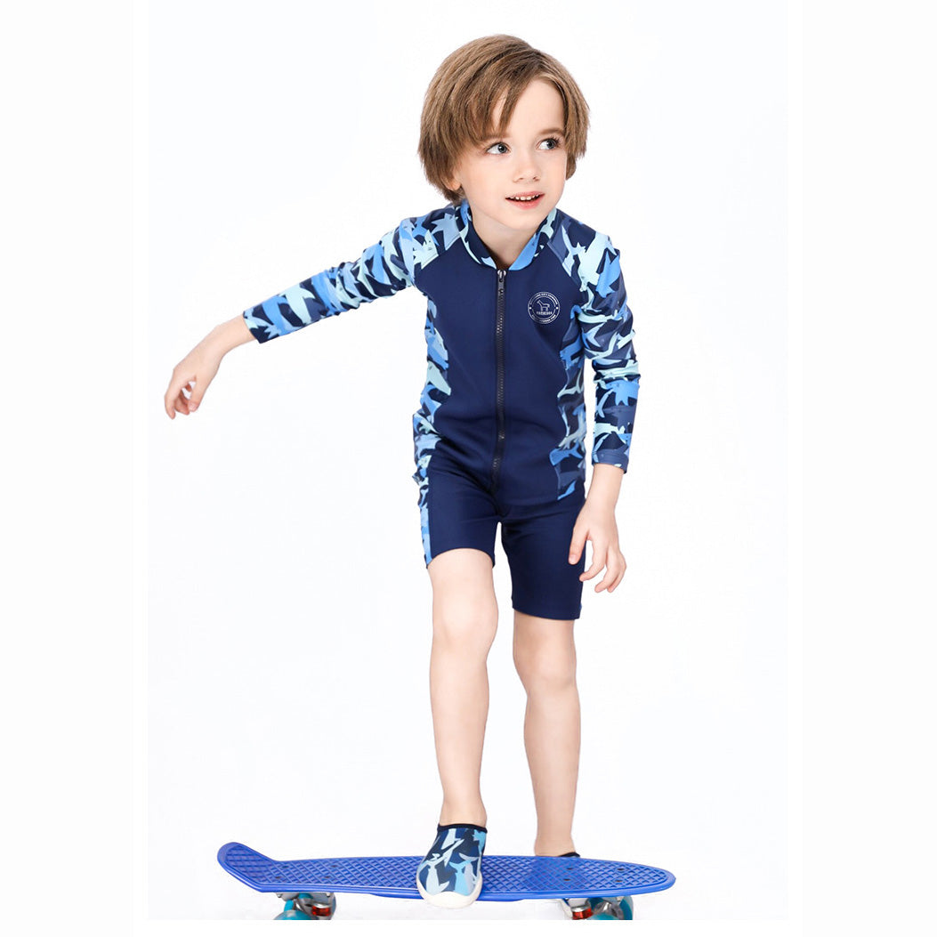 Baby Kids Boy's Camouflage Shark Prints Long Sleeves Two Piece Swimming Suit Top Shorts n Free Cap 908032 - Little Kooma