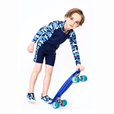 Baby Kids Boy's Camouflage Shark Prints Long Sleeves Two Piece Swimming Suit Top Shorts n Free Cap 908032 - Little Kooma