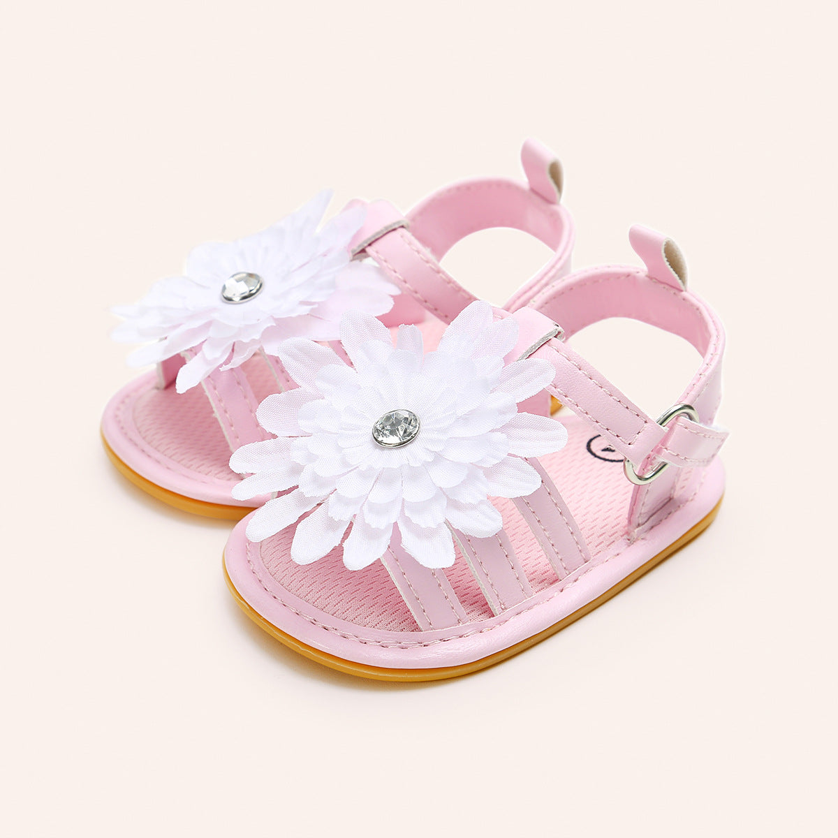 Baby Girl Anti-slip PU Leather Sandal White Chrysanthemum Magic Tape - 0912 - Little Kooma