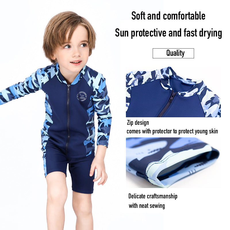 Baby Kids Boy's Camouflage Shark Prints Long Sleeves Two Piece Swimming Suit Top Shorts n Free Cap 908032 - Little Kooma