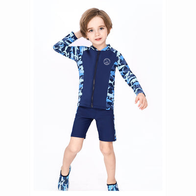 Baby Kids Boy's Camouflage Shark Prints Long Sleeves Two Piece Swimming Suit Top Shorts n Free Cap 908032 - Little Kooma