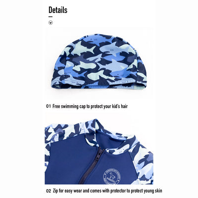 Baby Kids Boy's Camouflage Shark Prints Long Sleeves Two Piece Swimming Suit Top Shorts n Free Cap 908032 - Little Kooma