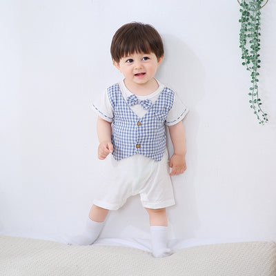 Baby Boy Fake Two Piece Plaid Suit Romper w Bow - Little Kooma