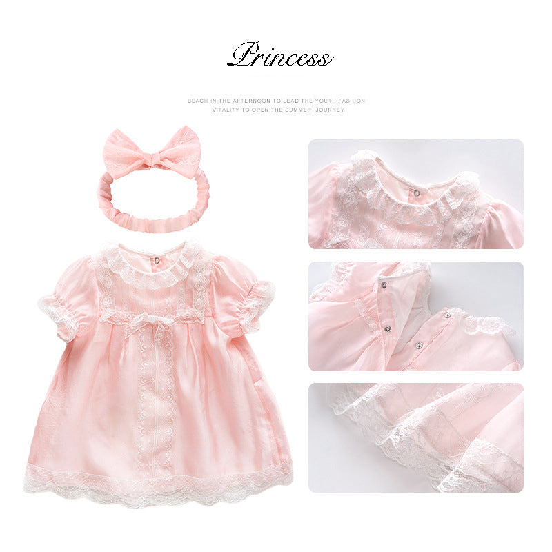 Baby Girl Pink w White Lace Dress n Headwrap 2 Piece Set - 0611 - Little Kooma