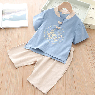 Kids Boys Cheongsam Set Top n Shorts Circle Embroidered Dragon CNY Outfit Chinese New Year Outfit - Little Kooma