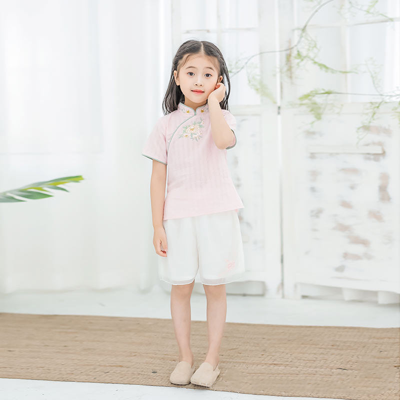 [KG16] Kids Girls Cheongsam 2 Piece Set Top n Voile Shorts CNY Chinese New Year Outfit - Little Kooma
