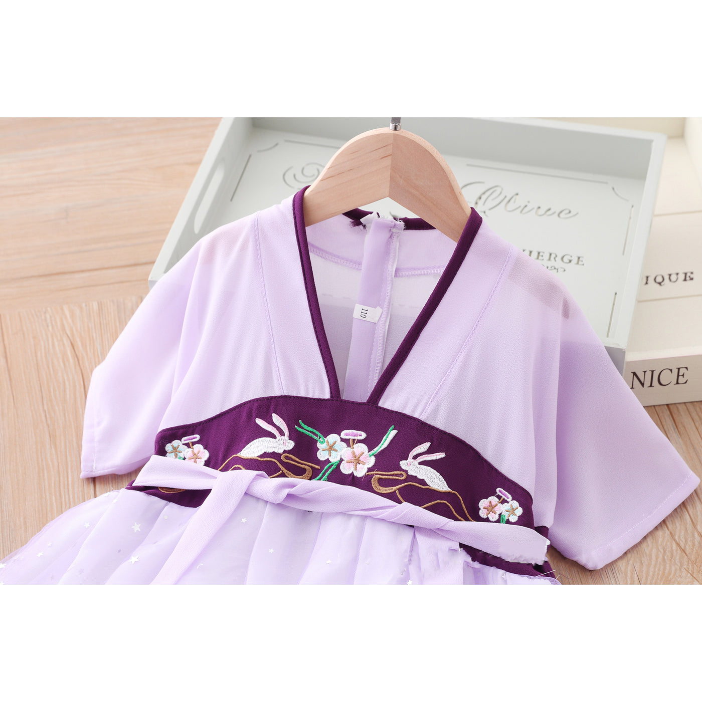 [KG12] Kids Girls Star All-over Voile Splicing Cheongsam Dress w Embroidered Bunnies CNY Chinese New Year Outfit - Little Kooma