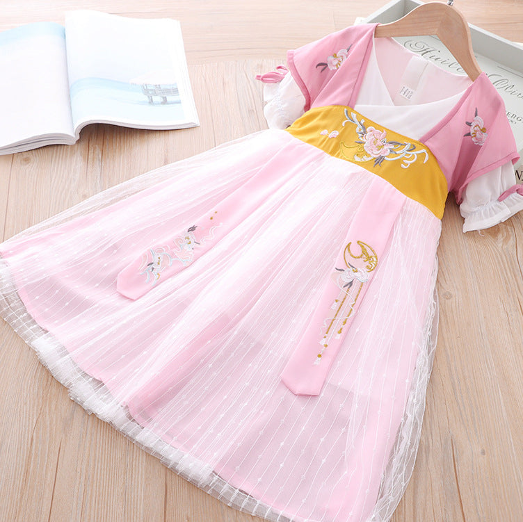 [KG22] Kids Girls Voile Splicing Cheongsam Dress w Embroidered Flowers Frill Sleeve CNY Chinese New Year Outfit - Little Kooma