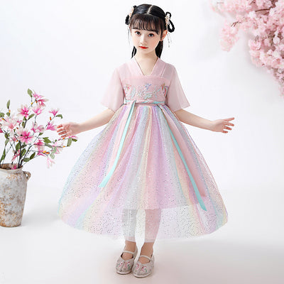B04 Kids Girls Colorful Sequin Voile Splicing Cheongsam Dress w Embroidered Flowers Phoenix Butterfly CNY Chinese New Year Outfit - Little Kooma