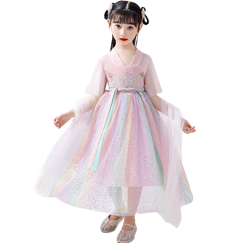B04 Kids Girls Colorful Sequin Voile Splicing Cheongsam Dress w Embroidered Flowers Phoenix Butterfly CNY Chinese New Year Outfit - Little Kooma
