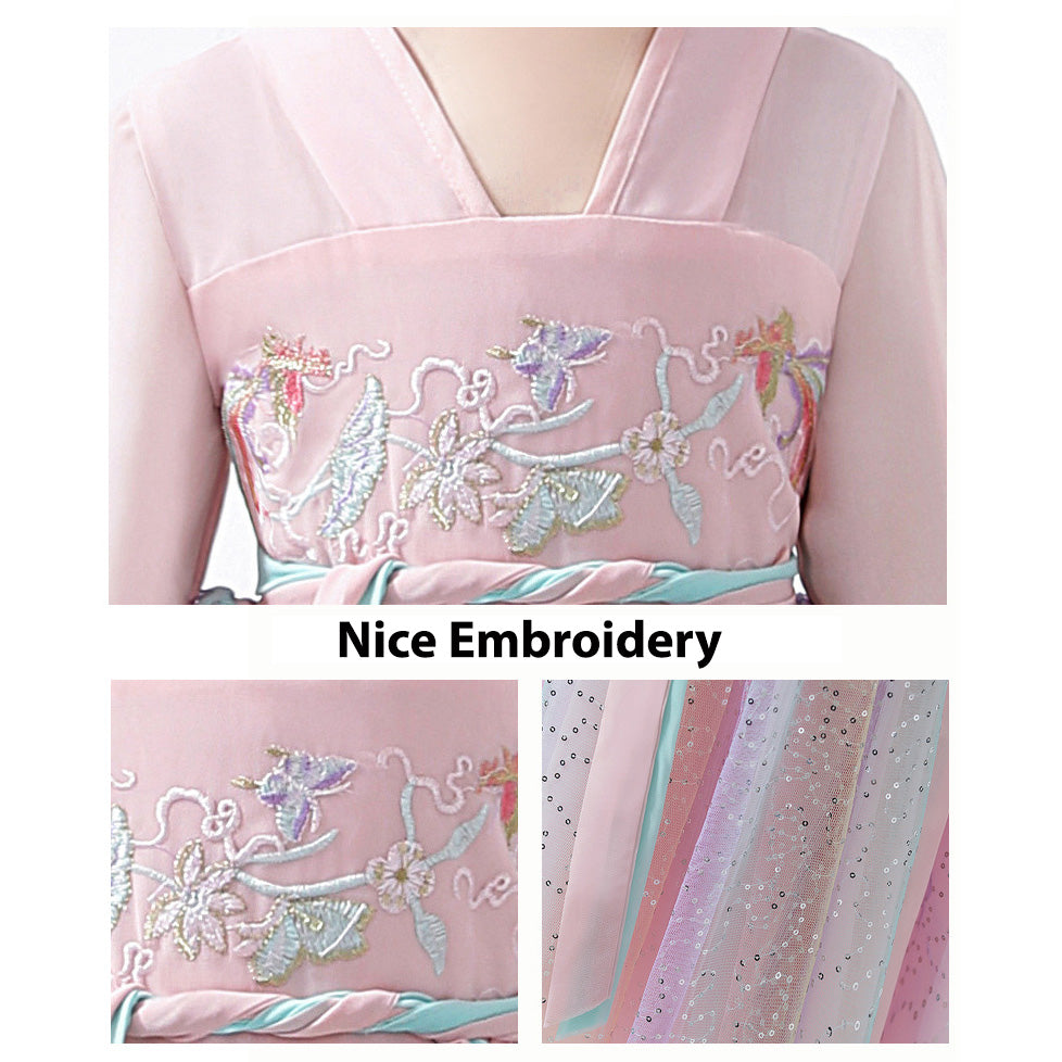 B04 Kids Girls Colorful Sequin Voile Splicing Cheongsam Dress w Embroidered Flowers Phoenix Butterfly CNY Chinese New Year Outfit - Little Kooma