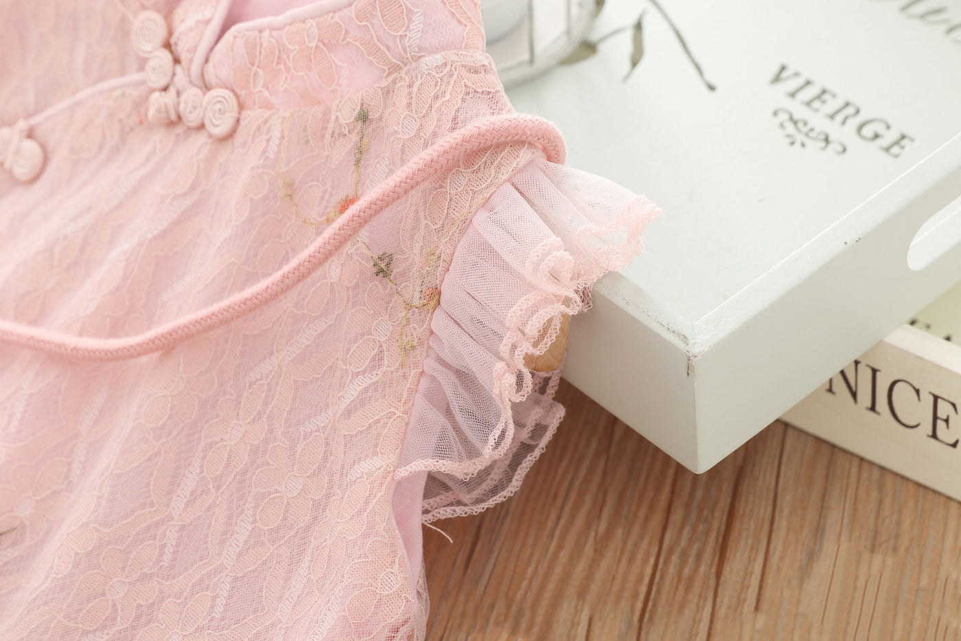 Kids Girls Voile Cover Lace Cheongsam Dress Flowers Ruffled Sleeves Sling Bag CNY Chinese New Year Outfit - Little Kooma