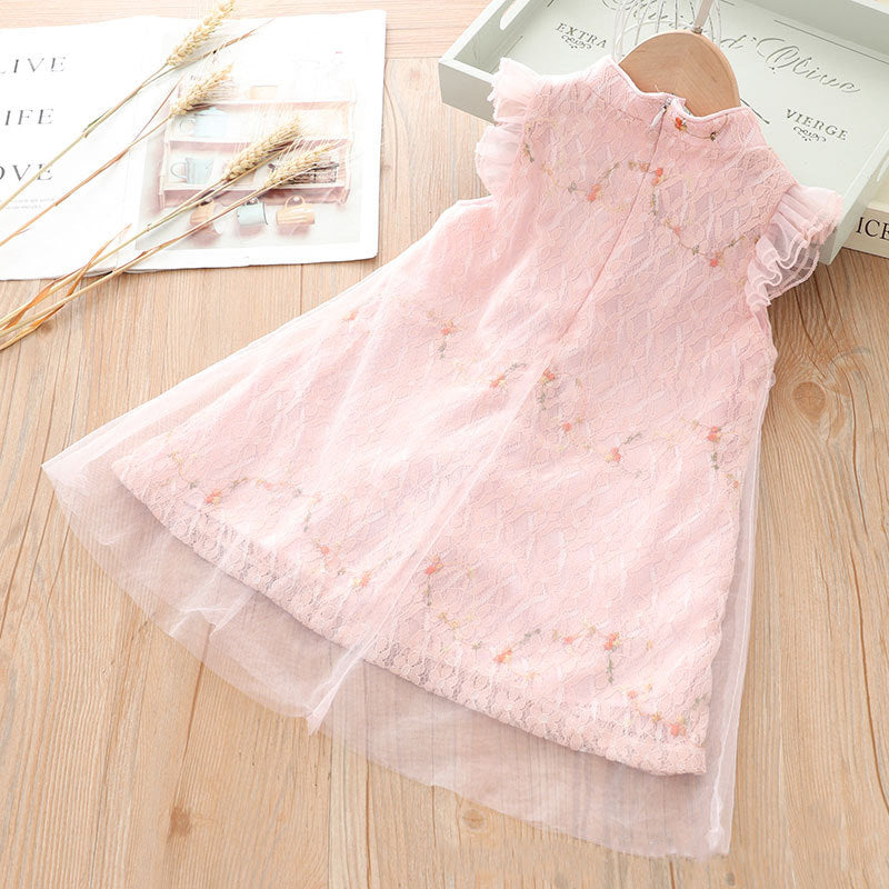 Kids Girls Voile Cover Lace Cheongsam Dress Flowers Ruffled Sleeves Sling Bag CNY Chinese New Year Outfit - Little Kooma