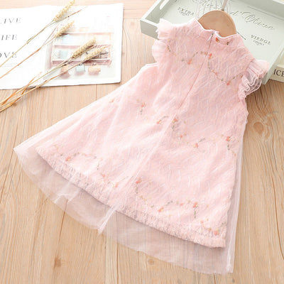 Kids Girls Voile Cover Lace Cheongsam Dress Flowers Ruffled Sleeves Sling Bag CNY Chinese New Year Outfit - Little Kooma