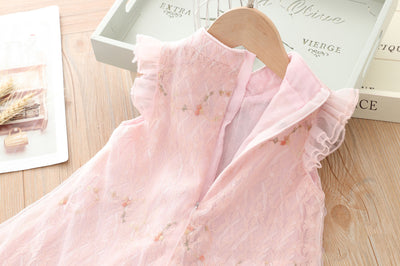 Kids Girls Voile Cover Lace Cheongsam Dress Flowers Ruffled Sleeves Sling Bag CNY Chinese New Year Outfit - Little Kooma