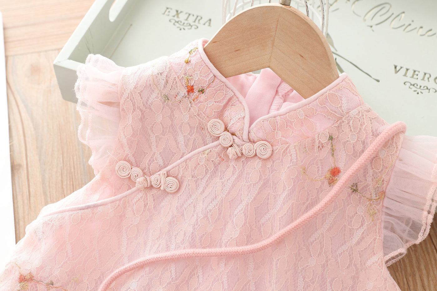 Kids Girls Voile Cover Lace Cheongsam Dress Flowers Ruffled Sleeves Sling Bag CNY Chinese New Year Outfit - Little Kooma