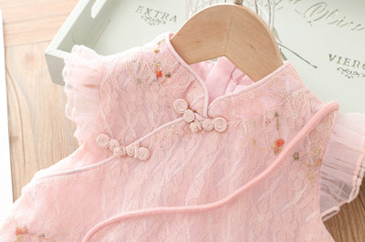 Kids Girls Voile Cover Lace Cheongsam Dress Flowers Ruffled Sleeves Sling Bag CNY Chinese New Year Outfit - Little Kooma