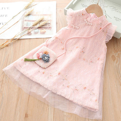 Kids Girls Voile Cover Lace Cheongsam Dress Flowers Ruffled Sleeves Sling Bag CNY Chinese New Year Outfit - Little Kooma