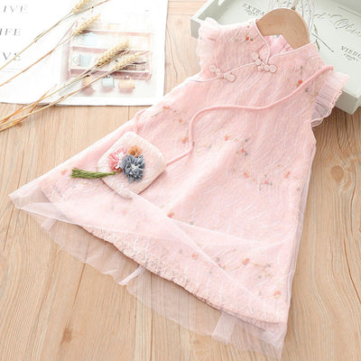 Kids Girls Voile Cover Lace Cheongsam Dress Flowers Ruffled Sleeves Sling Bag CNY Chinese New Year Outfit - Little Kooma
