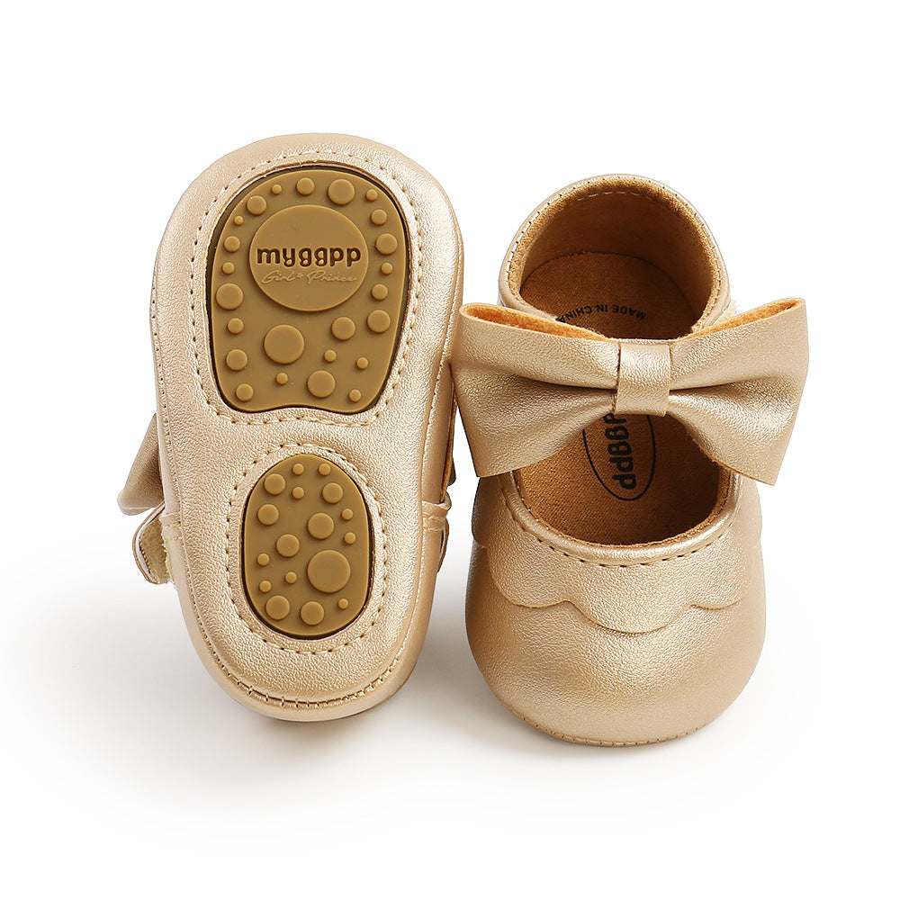 Baby Girl PU Leather Magic Tape Bowtie Shoes Anti-slip Flats - Little Kooma