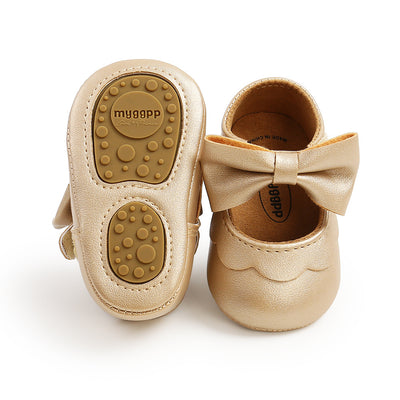 Baby Girl PU Leather Magic Tape Bowtie Shoes Anti-slip Flats - Little Kooma