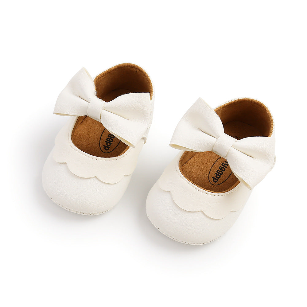 Baby Girl PU Leather Magic Tape Bowtie Shoes Anti-slip Flats - Little Kooma