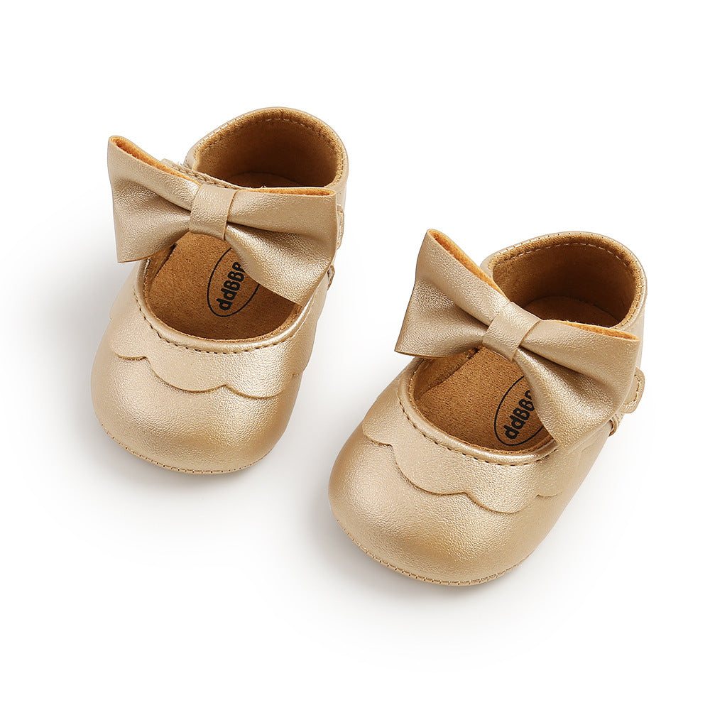 Baby Girl PU Leather Magic Tape Bowtie Shoes Anti-slip Flats - Little Kooma