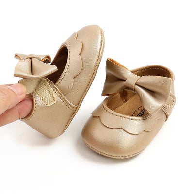 Baby Girl PU Leather Magic Tape Bowtie Shoes Anti-slip Flats - Little Kooma