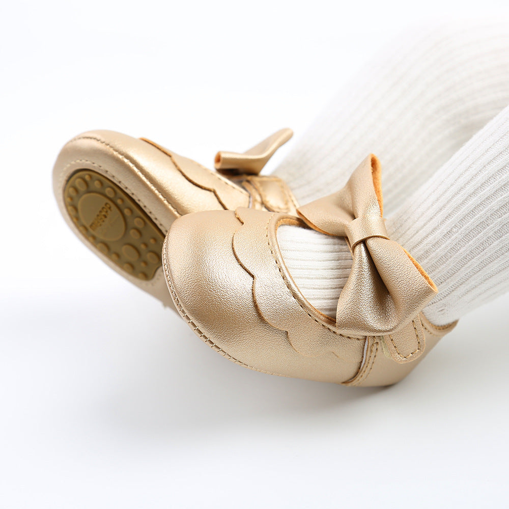 Baby Girl PU Leather Magic Tape Bowtie Shoes Anti-slip Flats - Little Kooma