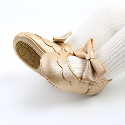 Baby Girl PU Leather Magic Tape Bowtie Shoes Anti-slip Flats - Little Kooma
