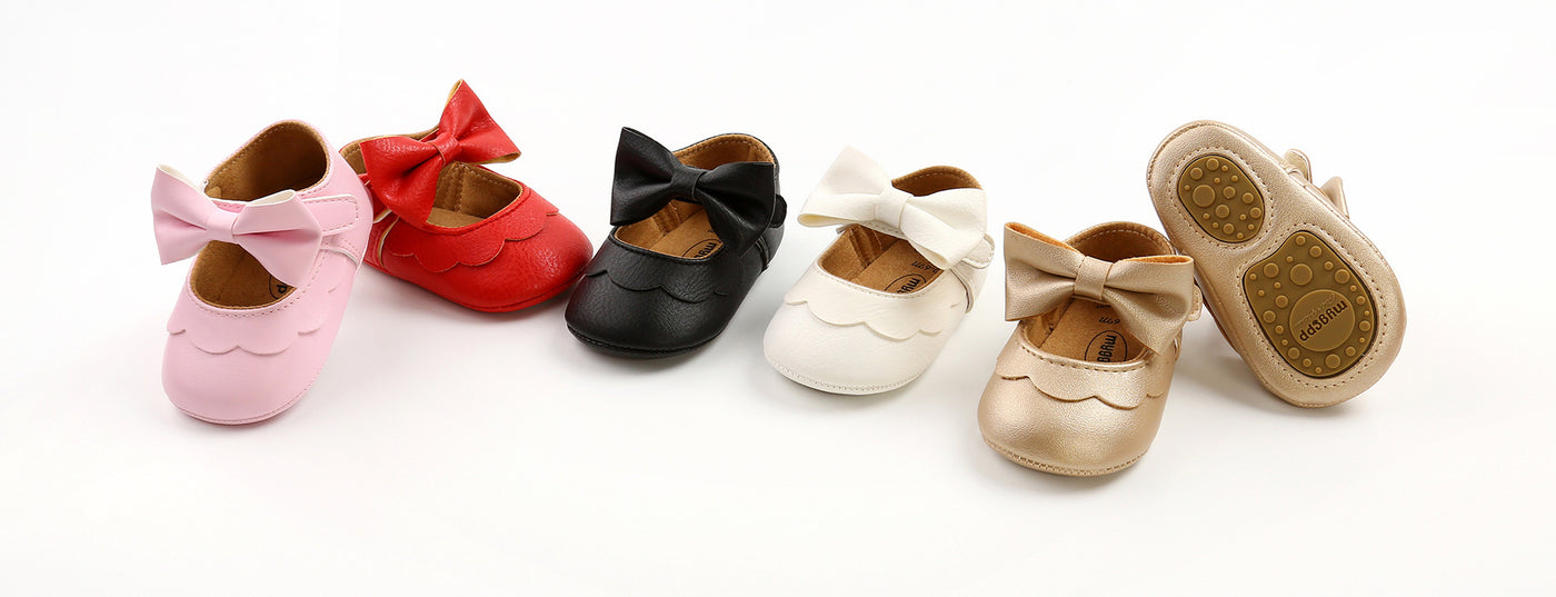 Baby Girl PU Leather Magic Tape Bowtie Shoes Anti-slip Flats - Little Kooma