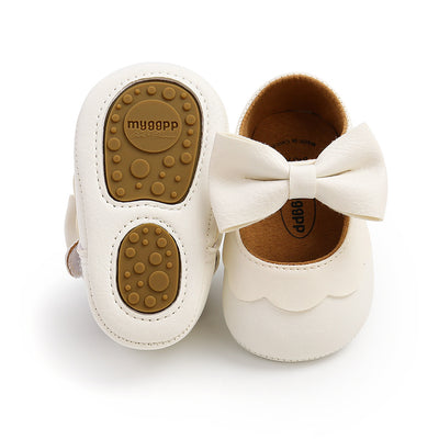 Baby Girl PU Leather Magic Tape Bowtie Shoes Anti-slip Flats - Little Kooma