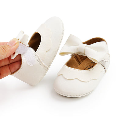 Baby Girl PU Leather Magic Tape Bowtie Shoes Anti-slip Flats - Little Kooma