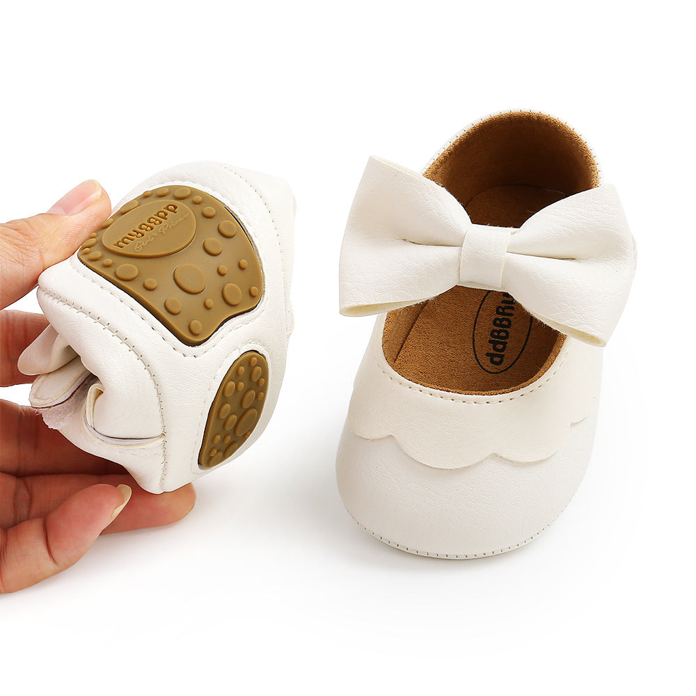Baby Girl PU Leather Magic Tape Bowtie Shoes Anti-slip Flats - Little Kooma