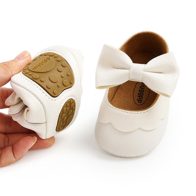Baby Girl PU Leather Magic Tape Bowtie Shoes Anti-slip Flats - Little Kooma