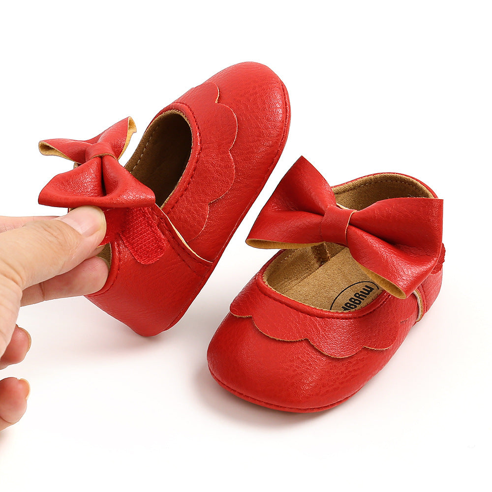 Baby Girl PU Leather Magic Tape Bowtie Shoes Anti-slip Flats - Little Kooma