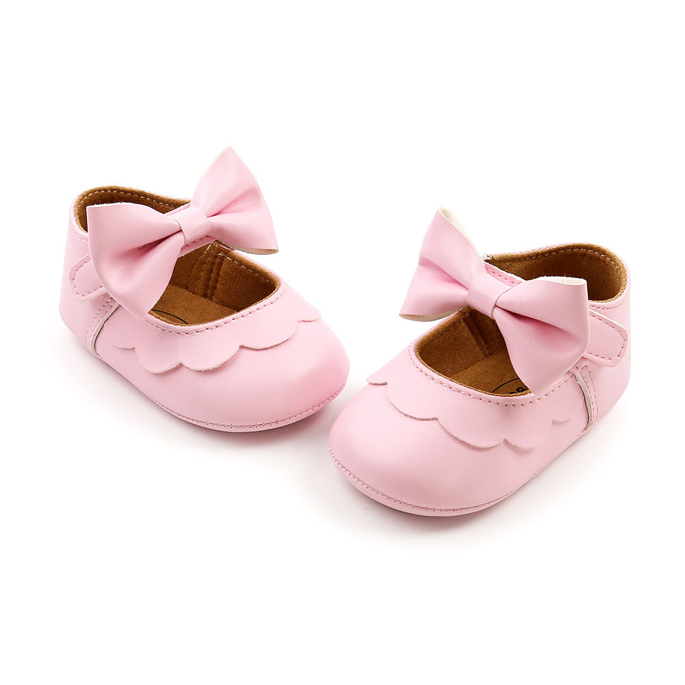 Baby Girl PU Leather Magic Tape Bowtie Shoes Anti-slip Flats - Little Kooma