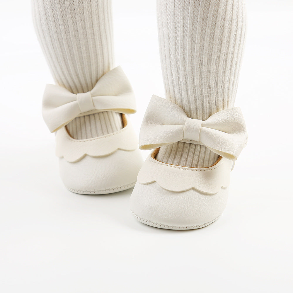 Baby Girl PU Leather Magic Tape Bowtie Shoes Anti-slip Flats - Little Kooma