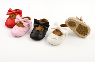 Baby Girl PU Leather Magic Tape Bowtie Shoes Anti-slip Flats - Little Kooma