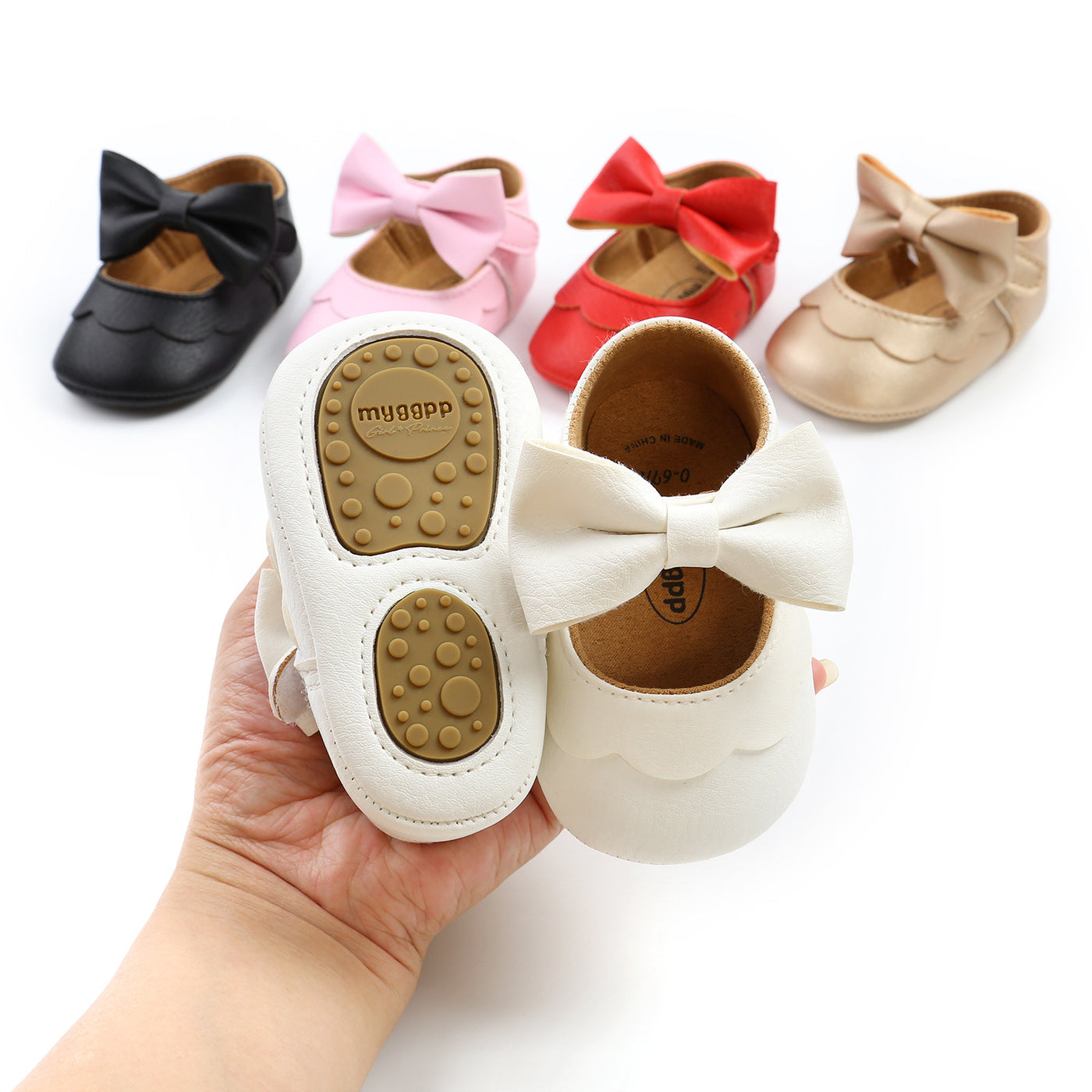 Baby Girl PU Leather Magic Tape Bowtie Shoes Anti-slip Flats - Little Kooma