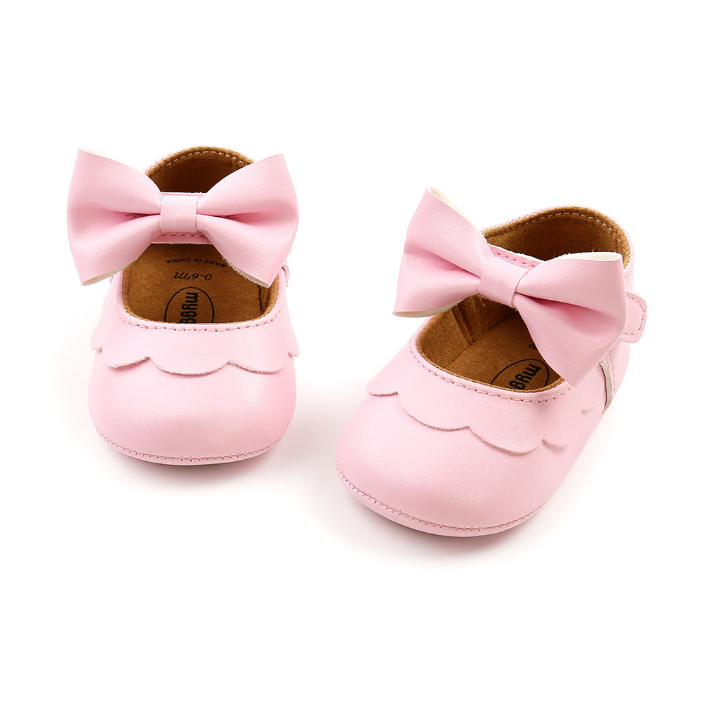 Baby Girl PU Leather Magic Tape Bowtie Shoes Anti-slip Flats - Little Kooma